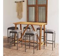 Teenpull 7-TLG. Juego de bar de jardín de madera de acacia y ratán sintético, gris, con cojines de color antracita, 140 x 70 x 104 cm, mesa de comedor, muebles de exterior para terraza y balcón