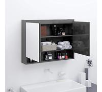 Teenpull Armario con espejo para baño, 80 x 15 x 60 cm, tablero de fibra de densidad media, color gris brillante, montaje en pared, con 2 puertas, 3 compartimentos, puerto USB, para cuarto de baño