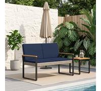 Teenpull Banco de jardín exterior gris y azul marino con polirratán, 107 x 61 x 80 cm, resistente a la intemperie, banco con cojines, reposapiés ajustable, reposabrazos cómodo para terraza y balcón