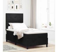 Teenpull Black Velvet Box Spring Bed with LED headboard, 90 x 190 cm Single Platform Bed for Bedroom, Adjustable headboard, RGB Light Strip, Indoor Use, Modern Sleep Support