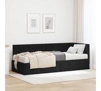 Teenpull Black Velvet Corner Bed Frame with Mattress, Single 80 x 200 cm, Plywood Base, Wall Mounted headboard, Modern Bedroom Sleep Support, Space Saving Design, Indoor Use, Durable Finish