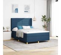 Teenpull Blue Box Spring Bed Frame with LED Strip, 140 x 200 cm upholstered Bedroom Set with Adjustable headboard, Wooden slats, Medium Mattress, Indoor Use, Sturdy Support for Two, 280 kg Load