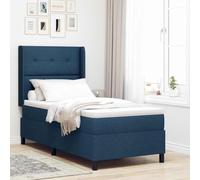 Teenpull Blue Box Spring Bed with Manual Headboard, 200 x 80 cm Upholstered Frame, Medium Firm Pocket Spring Mattress, Indoor Bedroom Base, 2 Height Settings, 140 kg Support
