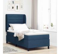 Teenpull Blue Box Spring Bed with Mattress, 90 x 200 cm Fabric Upholstered Bed Frame with Wingback Headboard, Medium Firm Mattress, Topper, Modern Bedroom Support for Adult Guest Room