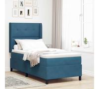 Teenpull Blue Box Spring Bed with Velvet Headboard 90 x 200 cm, Wooden Frame, Adjustable Two Height Headboard, Pocket Spring Mattress, Medium Firm Support for Bedroom, Indoor Use, 1 Person, 140 kg