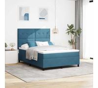 Teenpull Blue Dark Box Spring Bed 140 x 190 cm Velvet Upholstered Frame with Adjustable Headboard, Wooden Pine Support, Medium Firm Mattress, Indoor Bedroom Comfort for 2 Adults, 280 kg Capacity