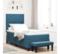 Teenpull Blue upholstered Box Spring Bed 200 x 100 cm Velvet, Wooden Frame, Medium Firm Foam Mattress, headboard, for Bedroom Use, Indoor Comfort, Durable Support