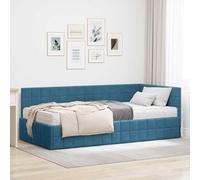 Teenpull Blue Velvet Corner Bed Frame with 17 cm Foam Mattress, Single 90 x 200 cm, Plywood Base, Wall Mounted headboard, Indoor Bedroom Space Saving Sleep Support