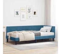 Teenpull Blue Velvet Corner Bed Frame with 90 x 200 cm Mattress, 204 x 94 x 72 cm, Plywood Structure, Medium Firmness, Support and Space Saving for Bedroom, Indoor Use