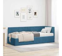 Teenpull Blue Velvet Corner Bed Frame with Medium Firmness Mattress, Plywood Structure, upholstered headboard, 80 x 200 cm, Space Saving Bedroom Solution for Adult Guest Room Home Interior