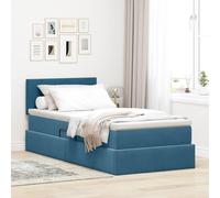 Teenpull Blue Velvet Storage Bed 100 x 200 cm with Hydraulic Lift, slatted Base, headboard and Mattress, Metal Frame, Bedroom Space Saving Solution for One Adult, Dark Tone