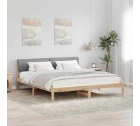 Teenpull Brown and Light Gray Bed Frame 180 x 200 cm Solid Pine Wood Platform Bed with Upholstered Headboard, Slat Support, Bedroom Furniture for Adult and Guest Room, Space Saving Comfort