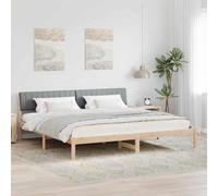 Teenpull Brown and Light Gray Solid Pine Bed Frame 200 x 200 cm with Upholstered Wall Mounted Headboard, Slatted Base, Bedroom Support, Modern Minimalist Design for Two Adults, 200 kg Capacity