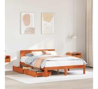 Teenpull Brown Wax Pine Wood Bed Frame with slatted Base, headboard, 2 Under Bed Drawers, 140 x 190 cm Double Mattress Support for Bedroom Storage, 200 kg Load
