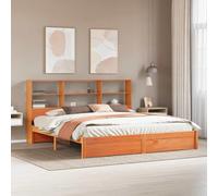 Teenpull Brown Wax Solid Pine Bed Frame with Storage Headboard, Emperor Size 200 x 200 cm, Slatted Base, Easy Assembly, Modern Bedroom Platform Bed for 2 Adults, Space Saving Design for Home