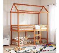 Teenpull Brown Wax Solid Pine Loft Bed Frame 90 x 190 cm with slatted Base, Guard Rail, Square Legs, Space Saving Structure for Bedroom Use and Stable Sleep Support