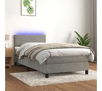 Teenpull Cama Box Spring con colchón y Tira LED de Colores en Terciopelo Gris Claro 90x200 cm Estructura abatible para Dormitorio Juvenil o Adulto con cabecero Ajustable y Soporte de Almacenamiento