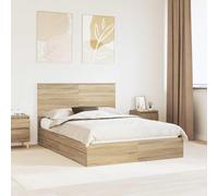 Teenpull Cama de almacenamiento de roble Sonoma 135 x 190 cm con somier de láminas y cajón, moderno marco de cama con cabecero, estructura duradera para dormitorio