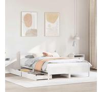 Teenpull Cama de madera maciza, color blanco, 140 x 200 cm, marco de cama de pino con cabecero, somier de láminas y 2 cajones inferiores para muebles de dormitorio