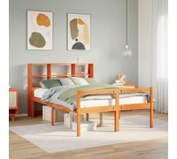 Teenpull Cama de madera maciza de color marrón cera, 150 x 200 cm, marco de cama de pino macizo con cabecero de librería, plataforma para dormitorio, estable, duradera, sin colchón