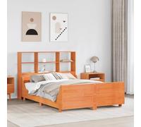 Teenpull Cama de madera maciza de pino, color marrón cera, 150 x 200 cm, marco de cama doble con cabecero de librería, somier de láminas para muebles de dormitorio, base estable