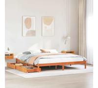 Teenpull Cama de madera maciza de pino de 200 x 200 cm, color marrón cera, marco de cama con somier y 2 cajones inferiores, marco de cama estable para dormitorio