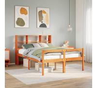 Teenpull Cama de madera maciza sin colchón, color marrón cera, 135 x 190 cm, marco de cama de pino con cabecero de librería, plataforma estable para un sueño reparador, mucho espacio de almacenamiento