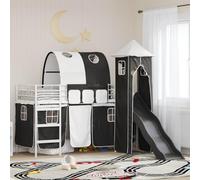 Teenpull Cama loft infantil de metal blanco y negro de 100 x 190 cm con somier de láminas y cortinas, estructura de cama alta estable para habitación infantil, con tobogán y torre de juego para un