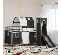 Teenpull Cama loft infantil de metal negro de 100 x 200 cm con somier de láminas y cortinas, cama alta con tobogán, torre, cortinas de red para habitación de los niños, marco de cama estable, zona de