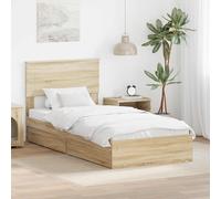 Teenpull Cama somier Base lecho con cabecero y Cajon, Estructura de Madera en Roble Sonoma para colchon 90 x 190 cm, Dormitorio con almacenaje, Ahorro Espacio, facil Montaje