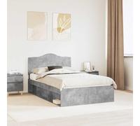Teenpull Concrete Gray Bed Frame with Solid Pine Headboard, 135 x 190 cm Double Mattress Base, Slatted Support, Modern Bedroom Platform for Adult and Child Use, 200 kg Load Capacity