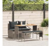 Teenpull Conjunto Comedor jardín 3 Piezas con Cojines Gris poliratán Resistente, Mesa Acacia 110x55x72,5 cm, sofá sin Brazos y Taburete Largo para terraza Patio Exterior Ocio Descanso