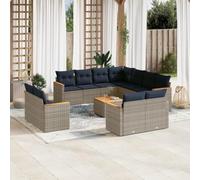 Teenpull Conjunto jardín 12 Piezas poliratán Gris con Cojines Azules, Muebles Exterior terraza Patio Modular con Mesa Acacia, sofá rinconera apilable para Descanso y reunión en balcón o Porche