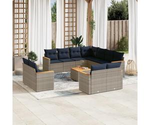 Teenpull Conjunto jardín 12 Piezas poliratán Gris con Cojines Azules, Muebles Exterior terraza Patio Modular con Mesa Acacia, sofá rinconera apilable para Descanso y reunión en balcón o Porche