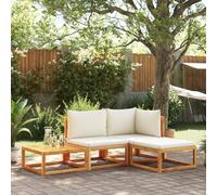 Teenpull Conjunto jardín 4 Piezas Madera Acacia ratán con Cojines Blancos Crema Modular sofá rinconera reposapiés Mesa para terraza Patio Exterior Descanso reunión Ocio