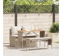 Teenpull Conjunto jardín Comedor 3 Piezas poliratán Beige con Cojines Acolchados, Mesa Madera Acacia, sofá sin Brazos y Taburete Largo para terraza, Patio o balcón, Resistente y fácil de Limpiar