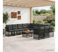 Teenpull Conjunto jardín Mueble Exterior 12 pcs sofá Modular rinconera Negro y Gris Oscuro con Mesa de Acacia para terraza Patio balcón Ideal para reuniones y Ocio al Aire Libre
