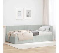 Teenpull Corner Bed Frame with Mattress, Light Gray Velvet upholstered Bed Base, slatted Platform, headboard, 204 x 104 x 72 cm, for Bedroom Space Saving Comfort and Support