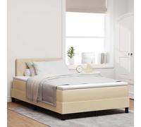 Teenpull Cream Box Spring Bed Frame with LED Strips, 120 x 190 cm Fabric Upholstered Bed, Adjustable Headboard, Pocket Spring Mattress, for Bedroom, Guest Room, Modern Indoor Sleep Comfort