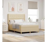 Teenpull Cream Box Spring Bed with Headboard 140 x 190 cm Fabric, Adjustable 2 Height headboard, Wooden Slat Base, Medium Firmness Mattress, Gold Legs, Indoor Bedroom Comfort for 2 Adults