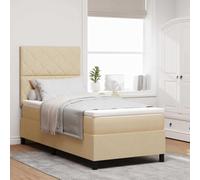 Teenpull Cream Box Spring Bed with LED Strip, upholstered headboard, 100 x 200 cm Mattress, Adjustable backrest, Wooden Frame, Indoor Bedroom Set with Medium Feel and USB Lighting