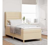 Teenpull Cream Box Spring Bed with Mattress, 200 x 90 cm Fabric, slatted Support, Adjustable headboard, Single Bedroom Frame for Adult or Guest Use, Durable Home Sleep Solution