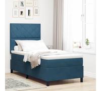 Teenpull Dark Blue LED Box Spring Bed, 90 x 190 cm Velvet Upholstered Base with Adjustable Headboard, USB RGB Strip, Indoor Bedroom Frame for Adult Single Sleep and Modern Comfort