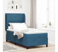 Teenpull Dark Blue Manual Box Spring Bed with Adjustable Headboard, Velvet Upholstery, 200 x 80 cm Single Bed Frame, Solid Pine Structure, Medium Firm Mattress for Indoor Bedroom Comfort