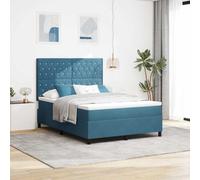Teenpull Dark Blue Velvet Box Spring Bed 140 x 190 cm with Adjustable Headboard, Solid Pine Frame, Slatted Base, Mattress Included for Bedroom Comfort and Durable Two Person Support