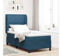 Teenpull Dark Blue Velvet Box Spring Bed 200 x 90 cm with Adjustable Headboard, Slatted Base, Mattress Included, Wooden Frame, for Single Bedroom Comfort and Space Saving Sleep Support