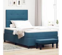 Teenpull Dark Blue Velvet Box Spring Bed Frame with Headboard, 120 x 190 cm Medium Firm Foam Mattress, Wooden Structure, Modern Bedroom Base for Adult Guest Home Indoor Use