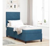 Teenpull Dark Blue Velvet LED Box Spring Bed, 80 x 200 cm upholstered Frame with Adjustable headboard, RGB USB Light Strip, Indoor Bedroom Support, One Person 140 kg