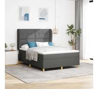 Teenpull Dark Gray Box Spring Bed with Headboard, 140 x 190 cm Upholstered Bed Frame, Medium Firm Mattress, Adjustable 2 Height Headboard, Indoor Bedroom Support
