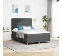 Teenpull Dark Gray Box Spring Bed with Mattress, 140 x 190 cm Fabric Upholstered Bed Frame with Adjustable Headboard, Slatted Base, Wooden Legs, for Bedroom Rest and Daily Sleep Comfort